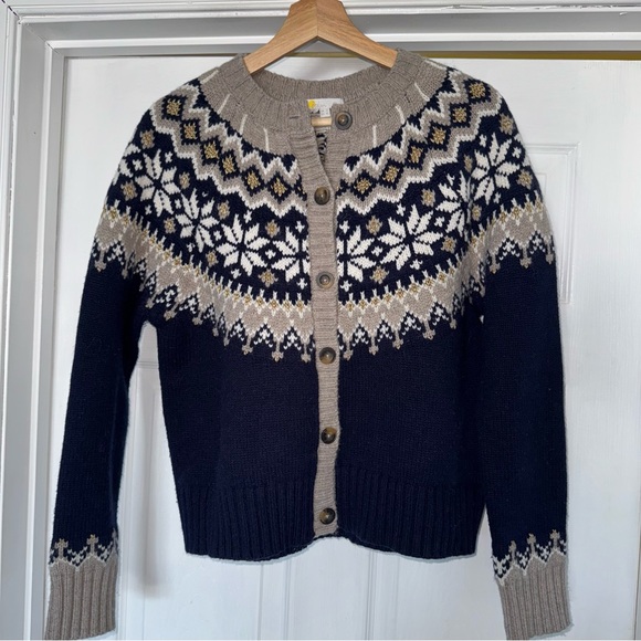 Boden Chunky Navy Fair Isle Sweater Cardigan M Wool Blend - Picture 2 of 6